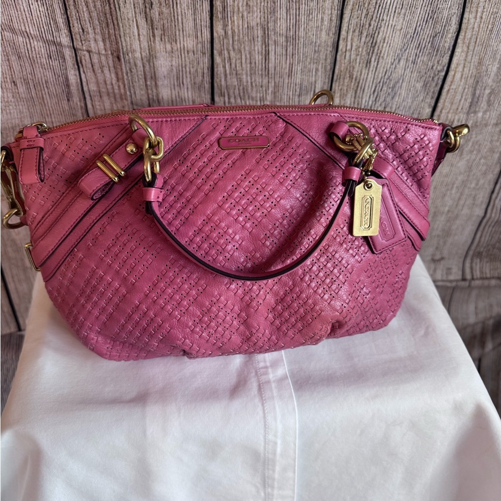 Coach Pink Woven Leather Shoulder Bag with Gold Hardware